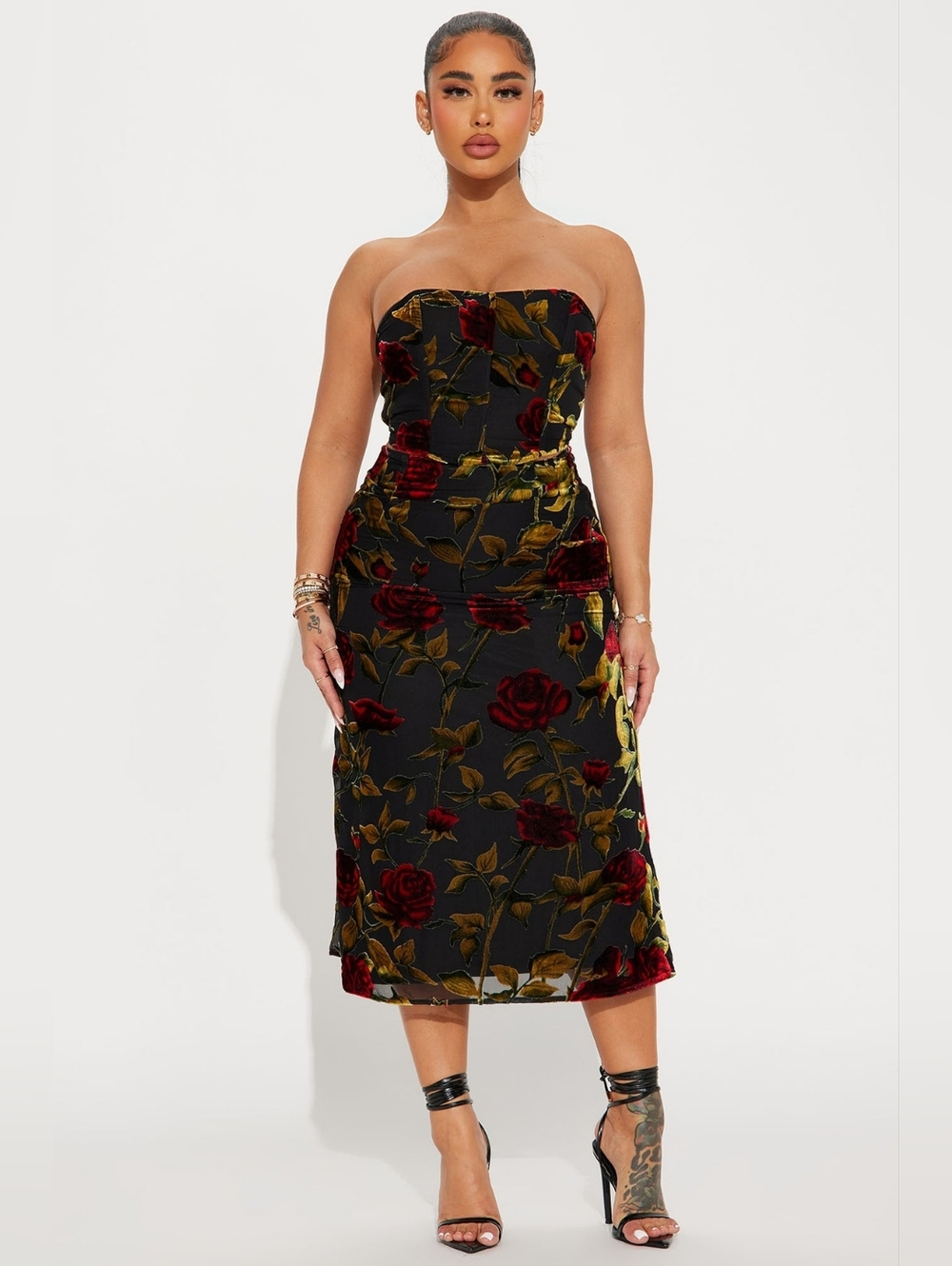 Fashion Nova Floral Velvet Midi Skirt Set